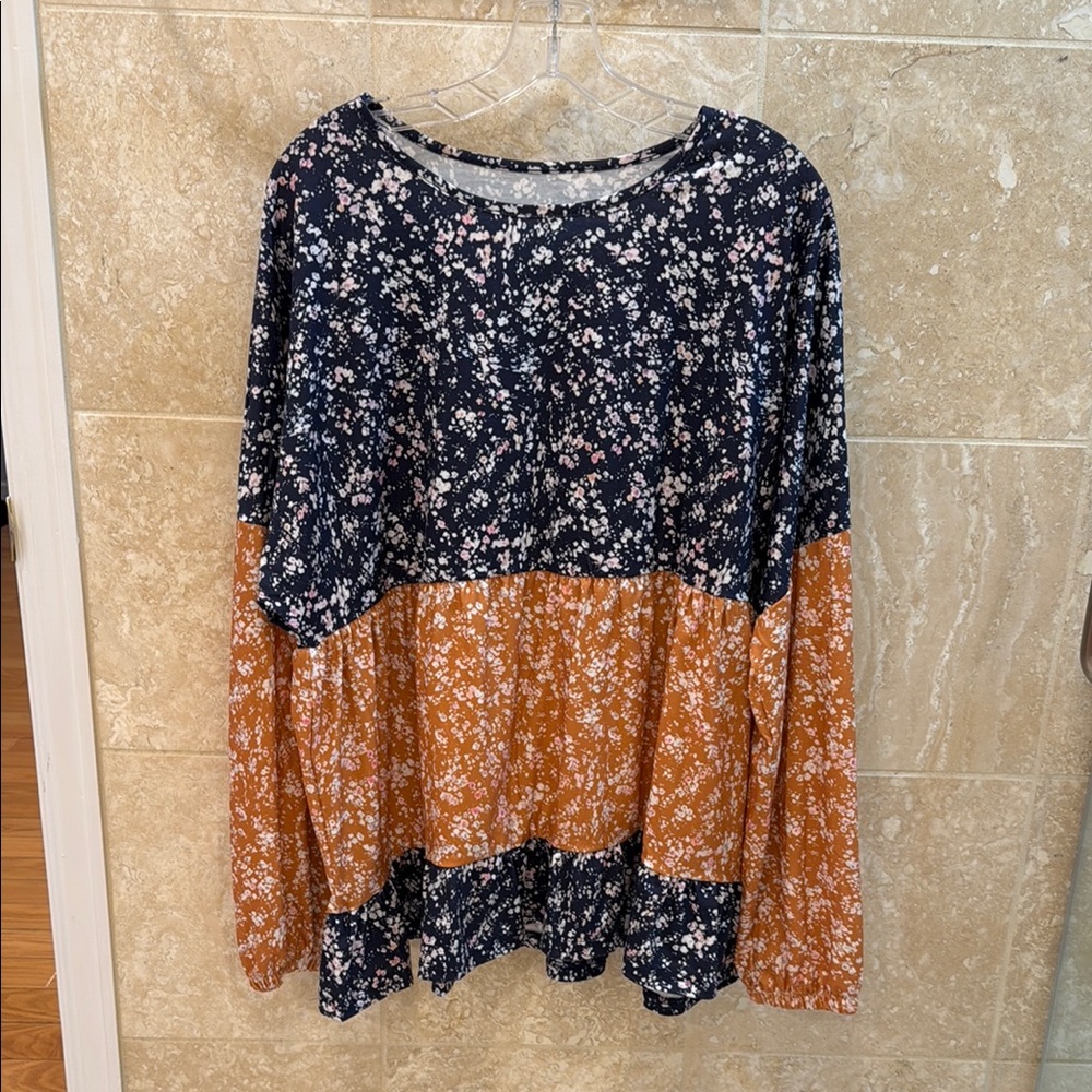 Blue and Brown Boxy Tiered Blouse